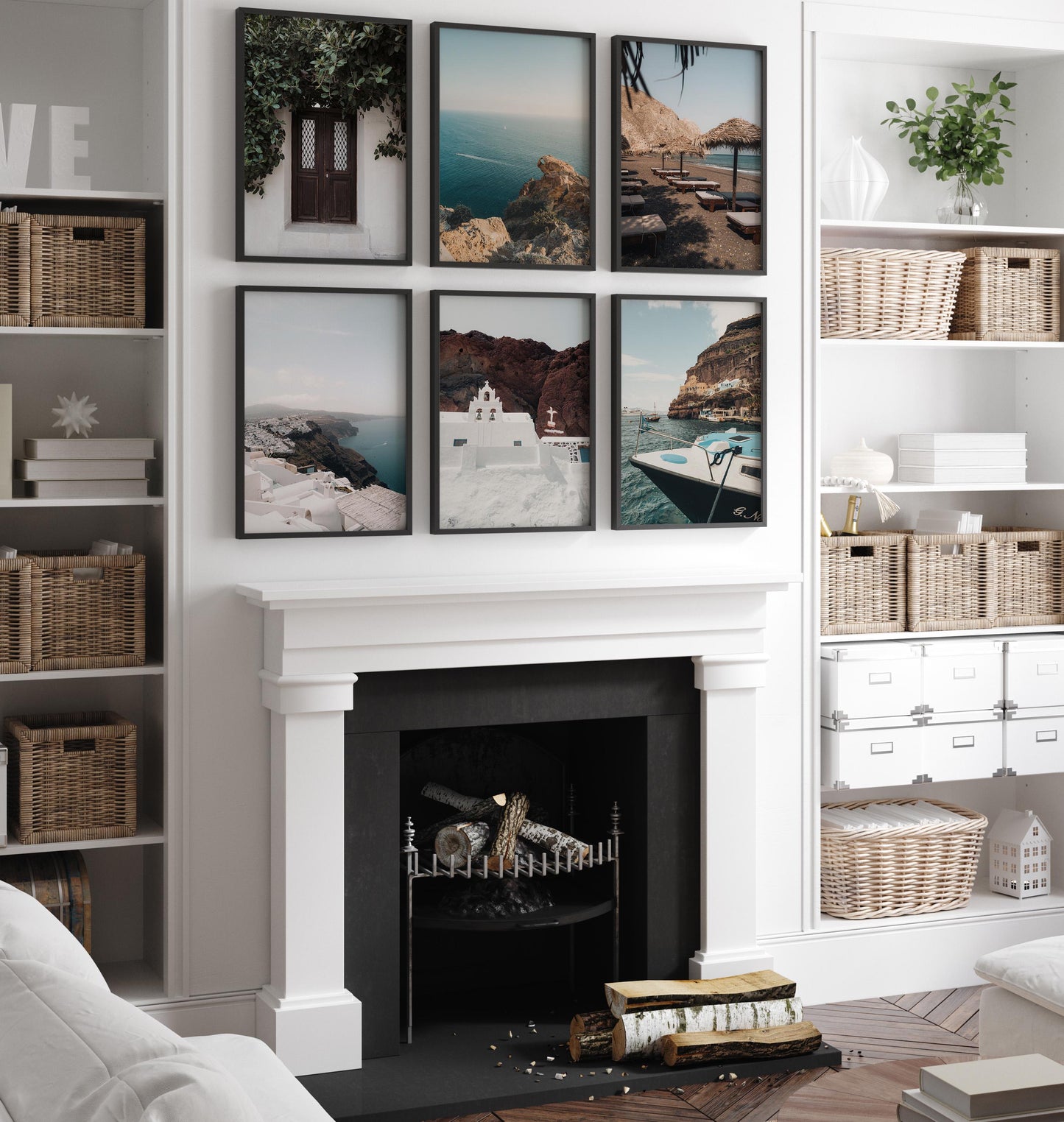 White living room with a fireplace, basket shelves, and the Santorini - Set of 6 coastal photos above the mantel.