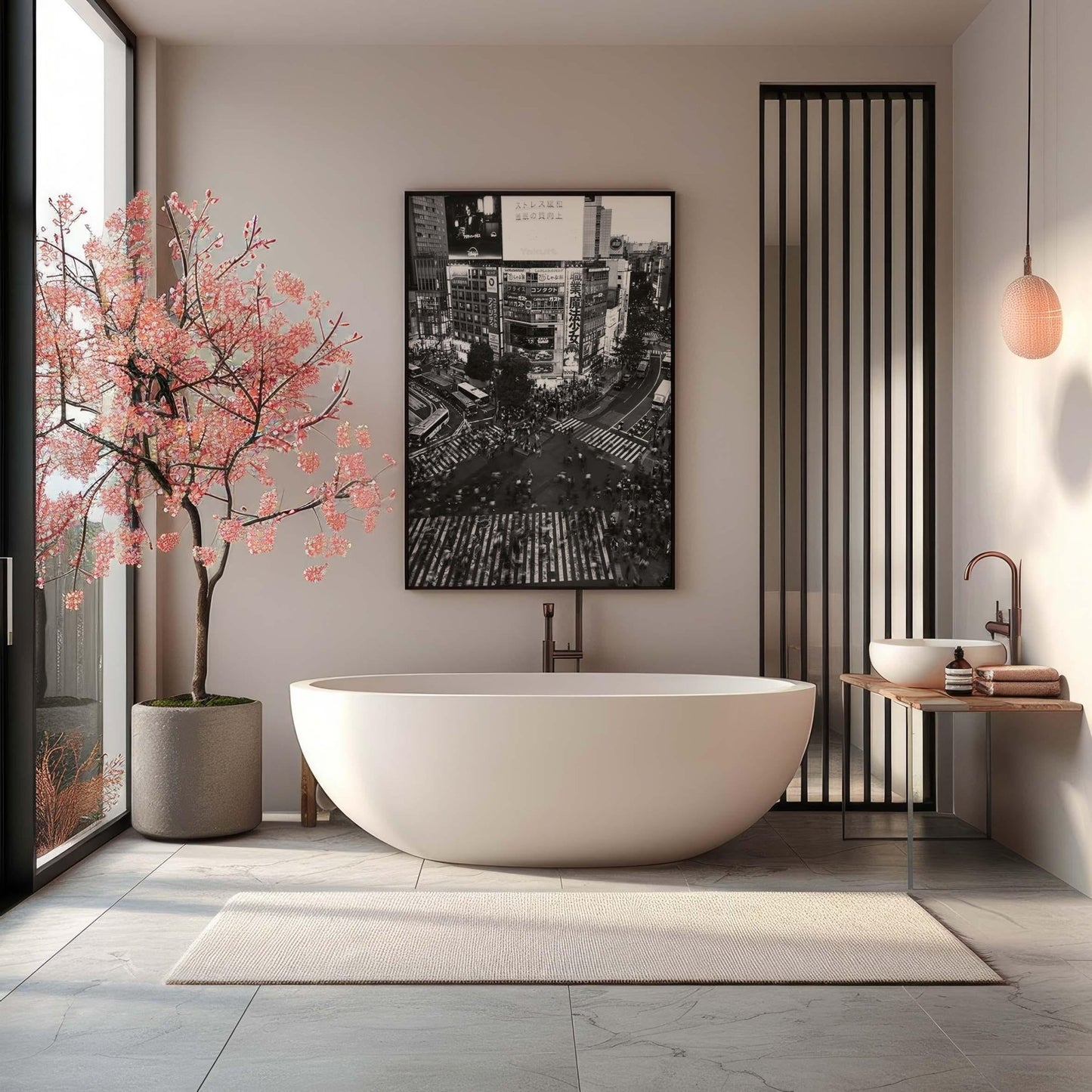 Modern bathroom with a freestanding tub, a pink flowering tree, and the Shibuya Crossing Black and White photo.