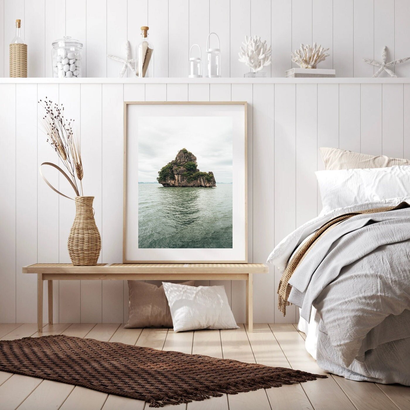Solo Limestone wall art in bedroom with nature photo, wooden bench, woven basket, and neutral decor.