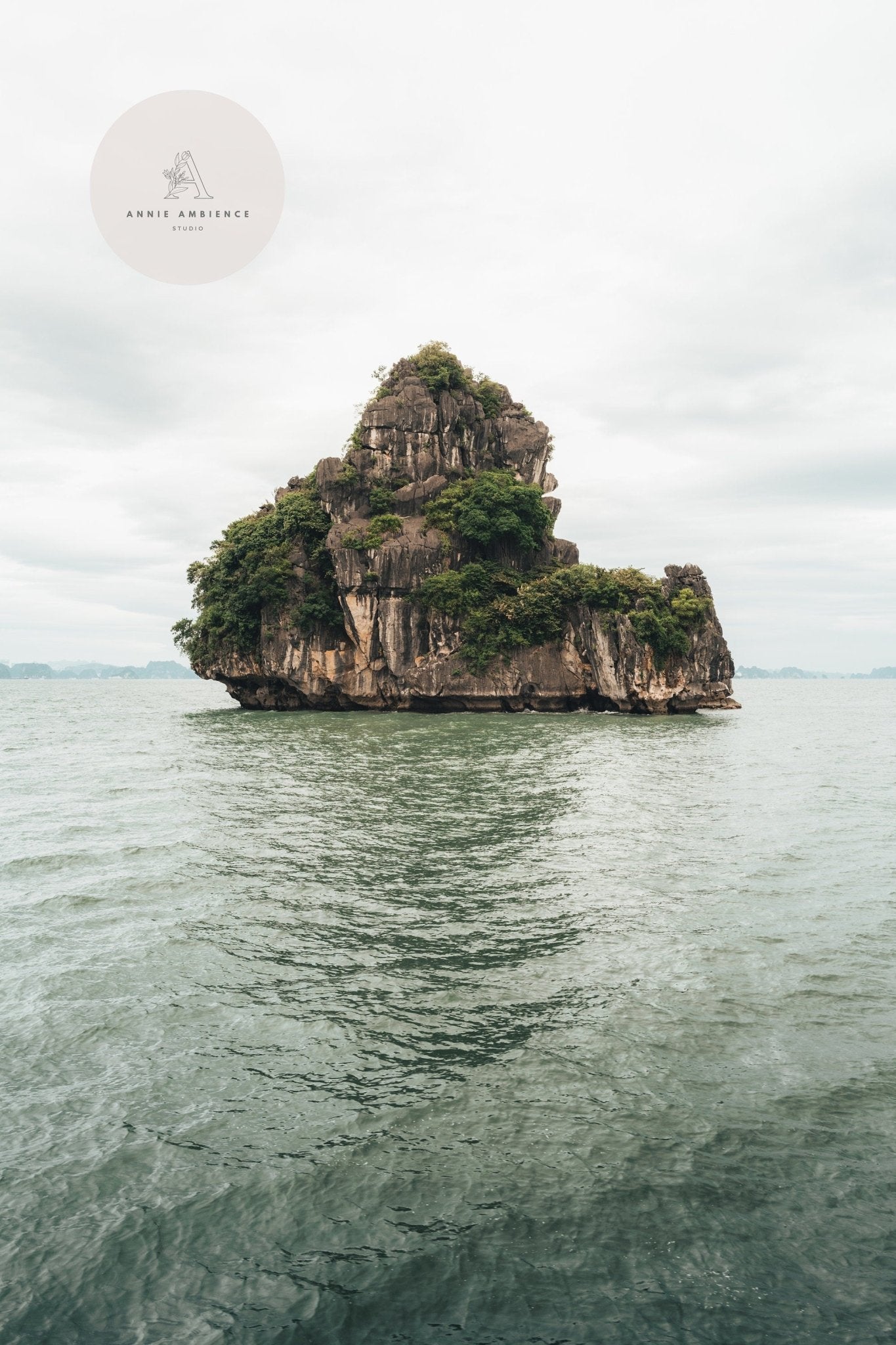 Solo Limestone: A small, rocky island with lush greenery encircled by a tranquil sea under an overcast sky.