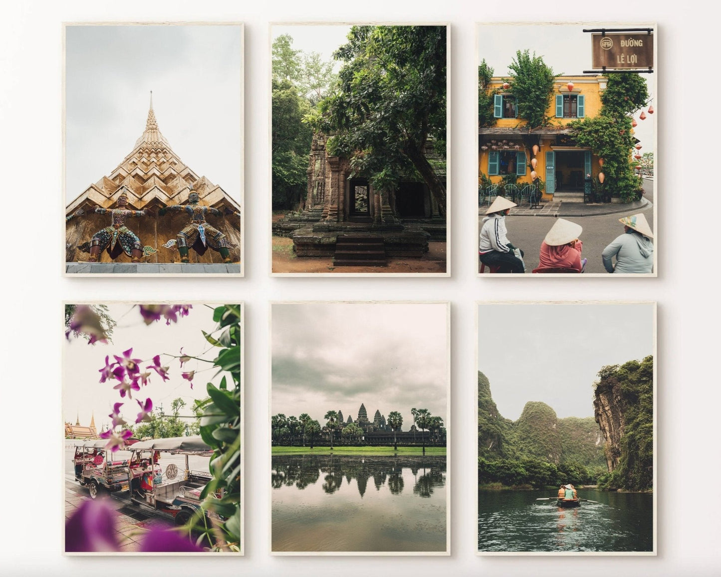 A set of 6 travel photos from Southeast Asia featuring temples, nature, cyclists, and vibrant streets.