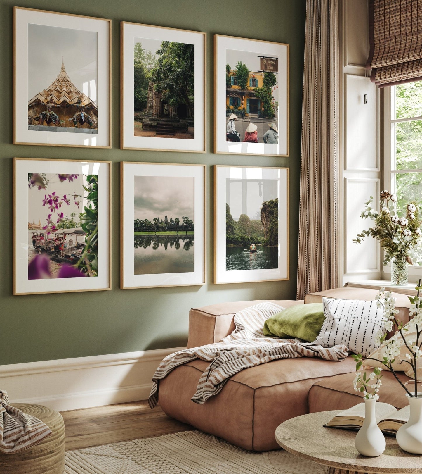Cozy room with green walls, tan sofa, and Southeast Asia - Set of 6. Sunlight streams through a large window with a woven shade.