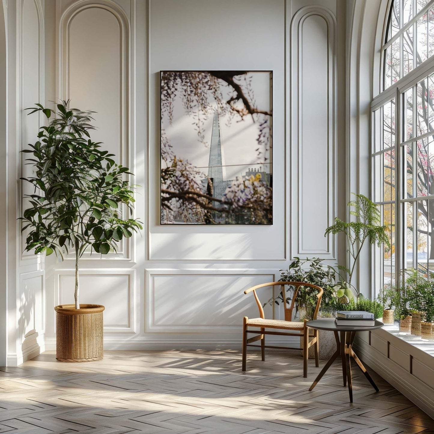 Bright room with large arched window, plants, and wooden chair. Springtime Shard photo of flowers decorates the wall.
