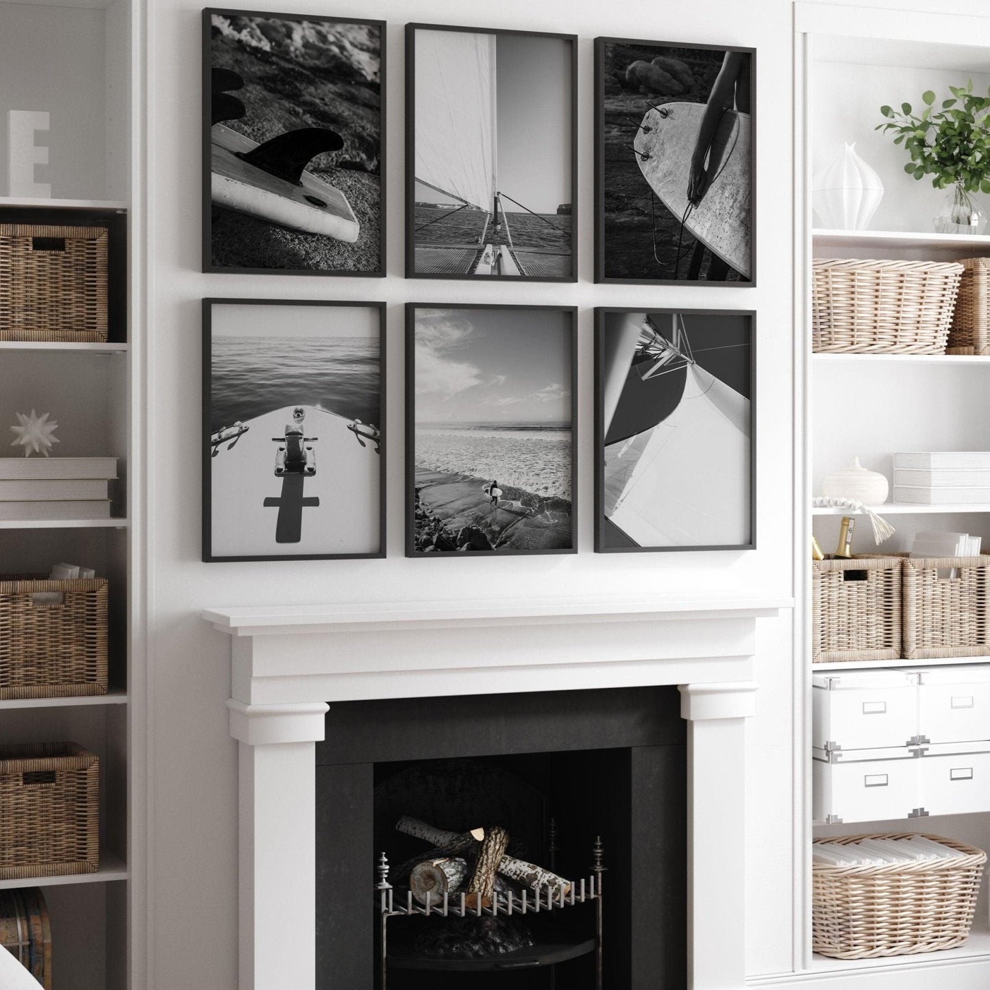 The Surf and Sail Black and White - Set of 6 hangs above a white fireplace with wicker baskets on nearby shelves.