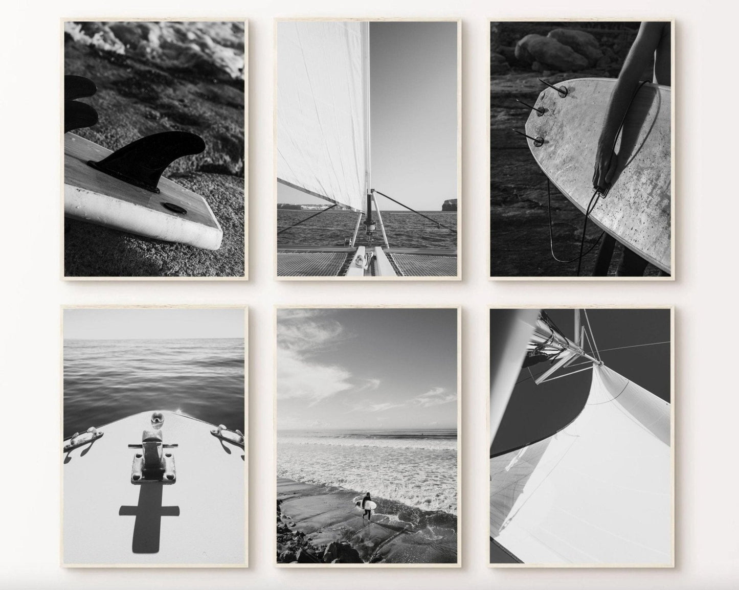 Surf and Sail Black and White - Set of 6 features close-up photos of surfboards, sailboats, and beach scenes.