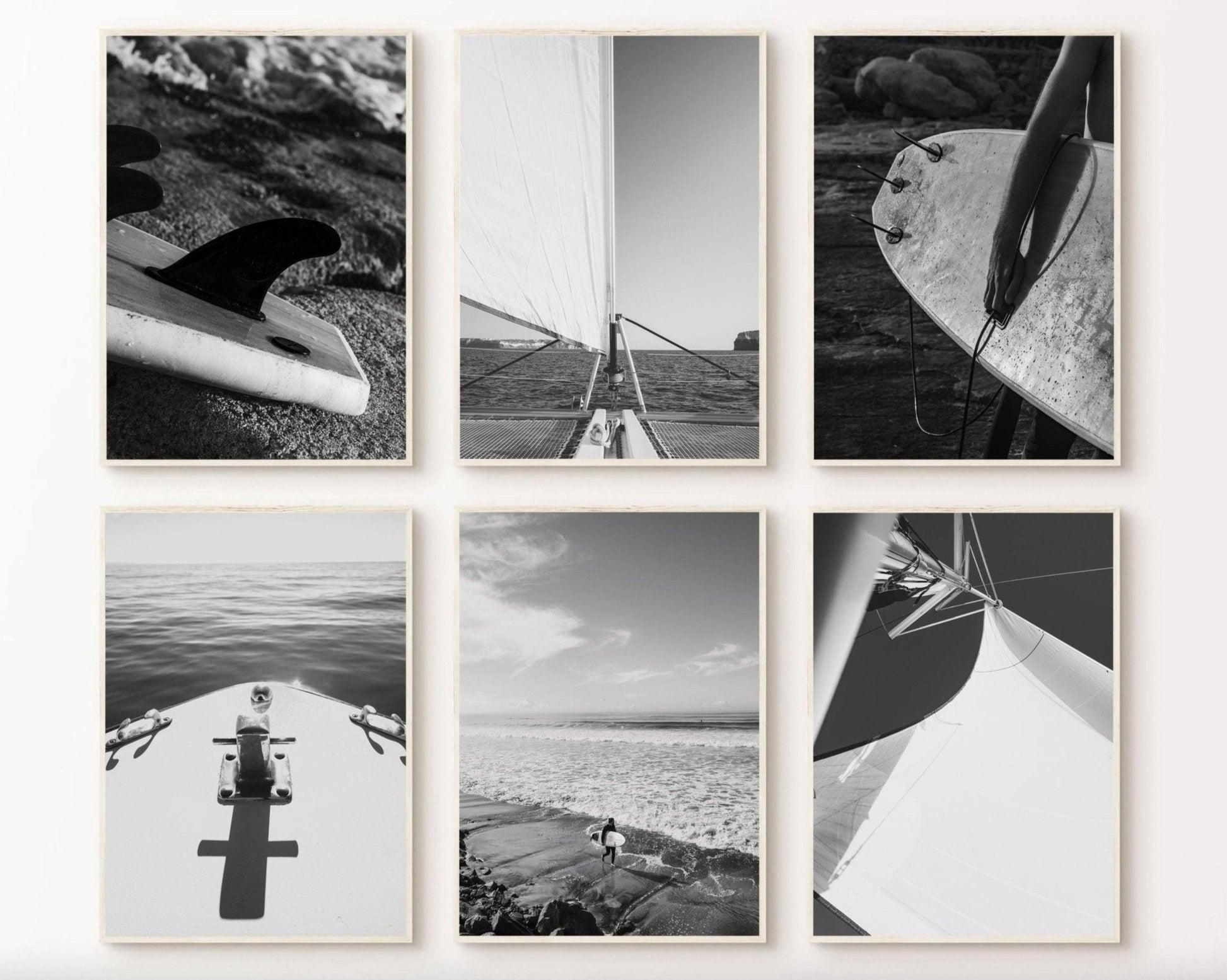 Surf and Sail Black and White - Set of 6 features close-up photos of surfboards, sailboats, and beach scenes.