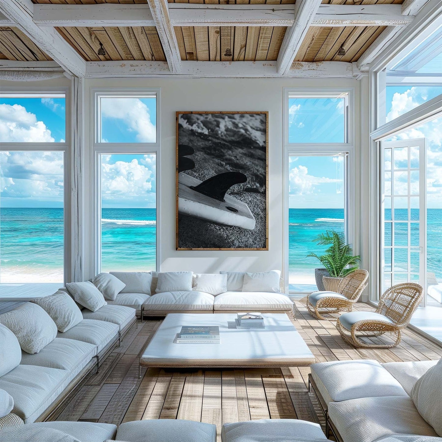 Bright, airy room with white furniture, large ocean-view windows, and a Surf Fins Black and White photo on the wall.