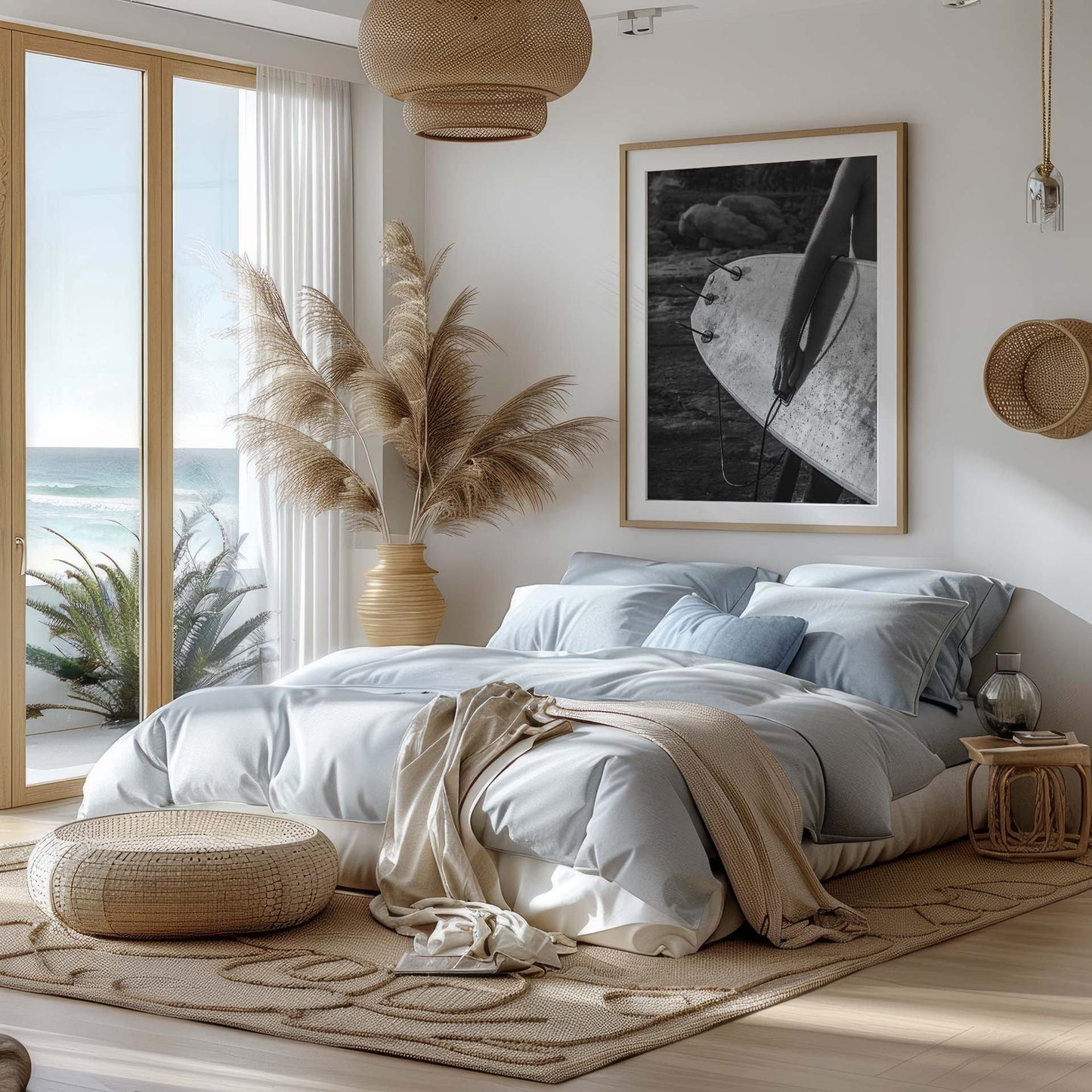 Coastal bedroom with Surf Spirit Black and White art, blue bedding, ocean view window, pampas grass, and natural accents.