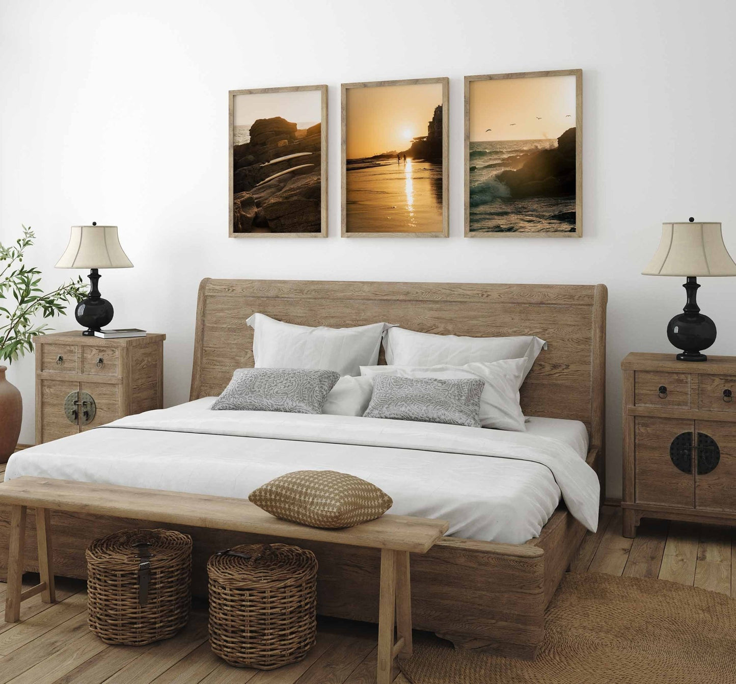 Cozy bedroom with a wooden bed, nightstands, bench, and two lamps. Taghazout Sunset photos and woven baskets enhance decor.