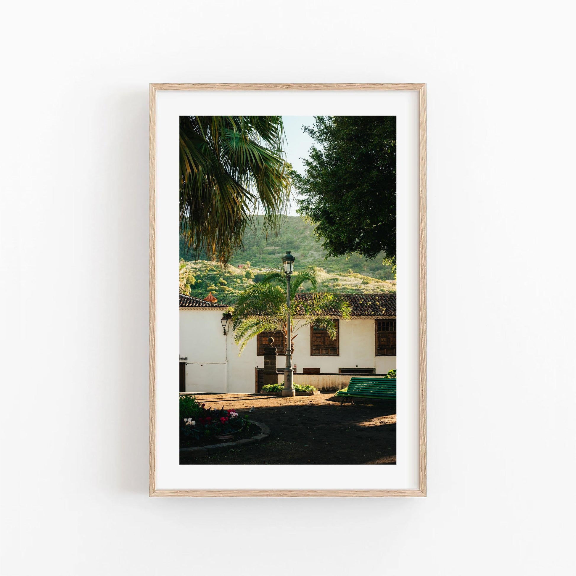Tenerife Garden: Framed photo featuring a courtyard with palm trees, a bench, and a white building amid green hills.