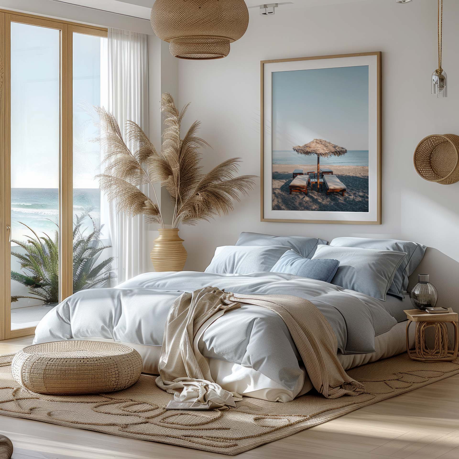 Tranquil Shade beach-themed bedroom with neutral decor, large bed, sunlit window, and a seaside photo on the wall.