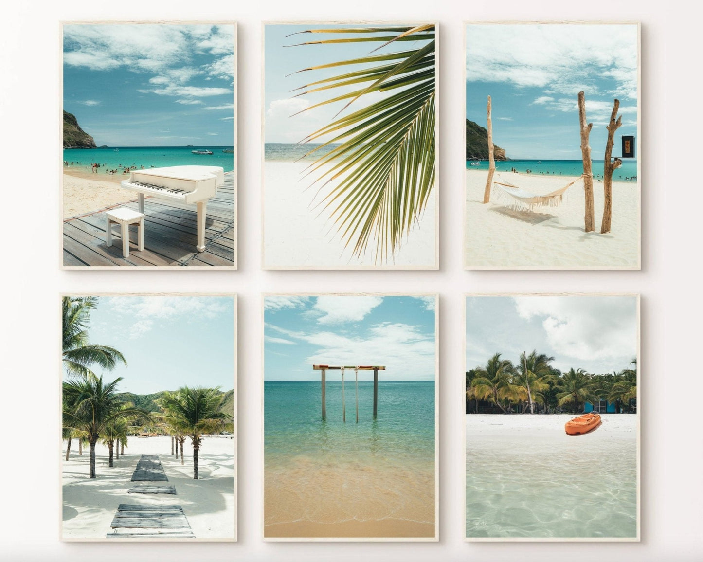 Collage of six beach scenes: Tropical Beach - Set of 6, featuring piano dock, palm leaf, hammock, pathway & kayak on sand.