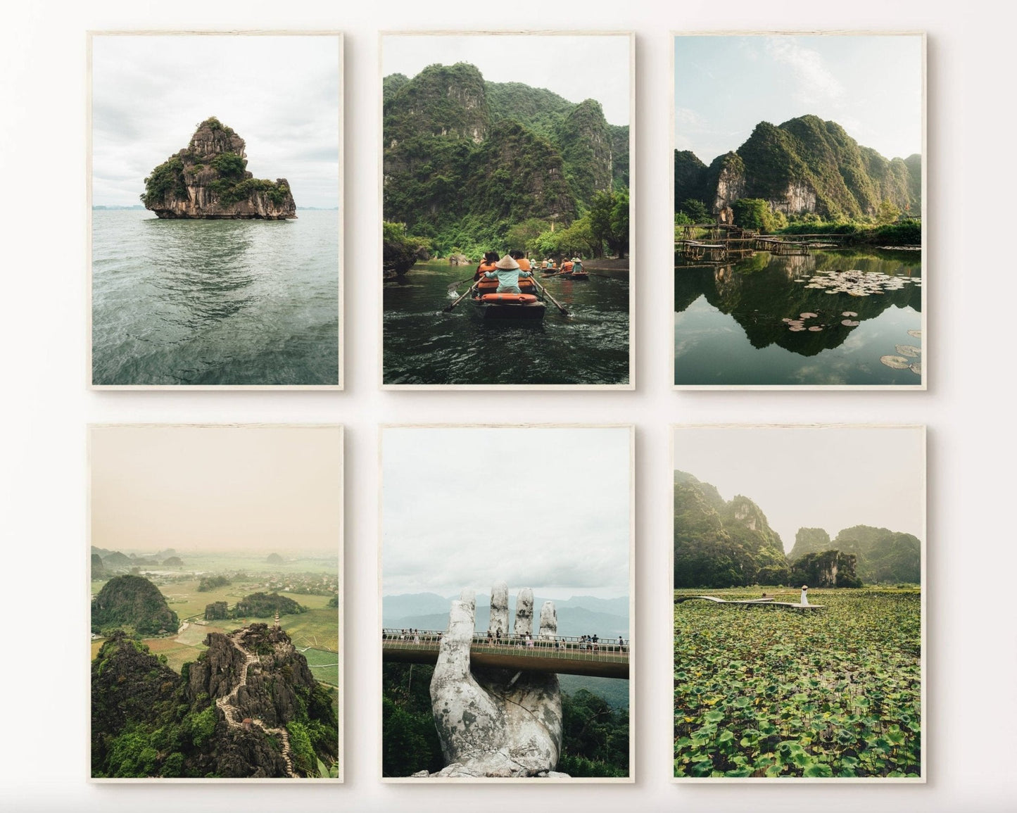 The Vietnam Nature - Set of 6 features photos of rocky islands, boating, hills, lotus fields, and a bridge.