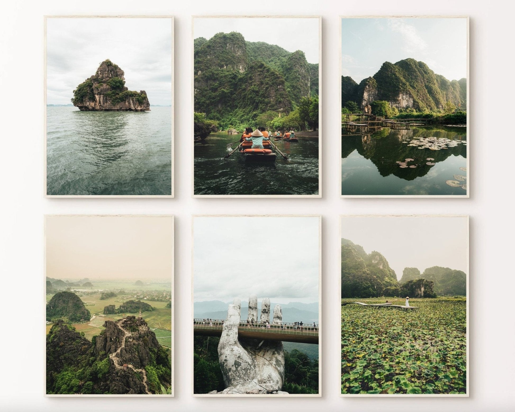 The Vietnam Nature - Set of 6 features photos of rocky islands, boating, hills, lotus fields, and a bridge.