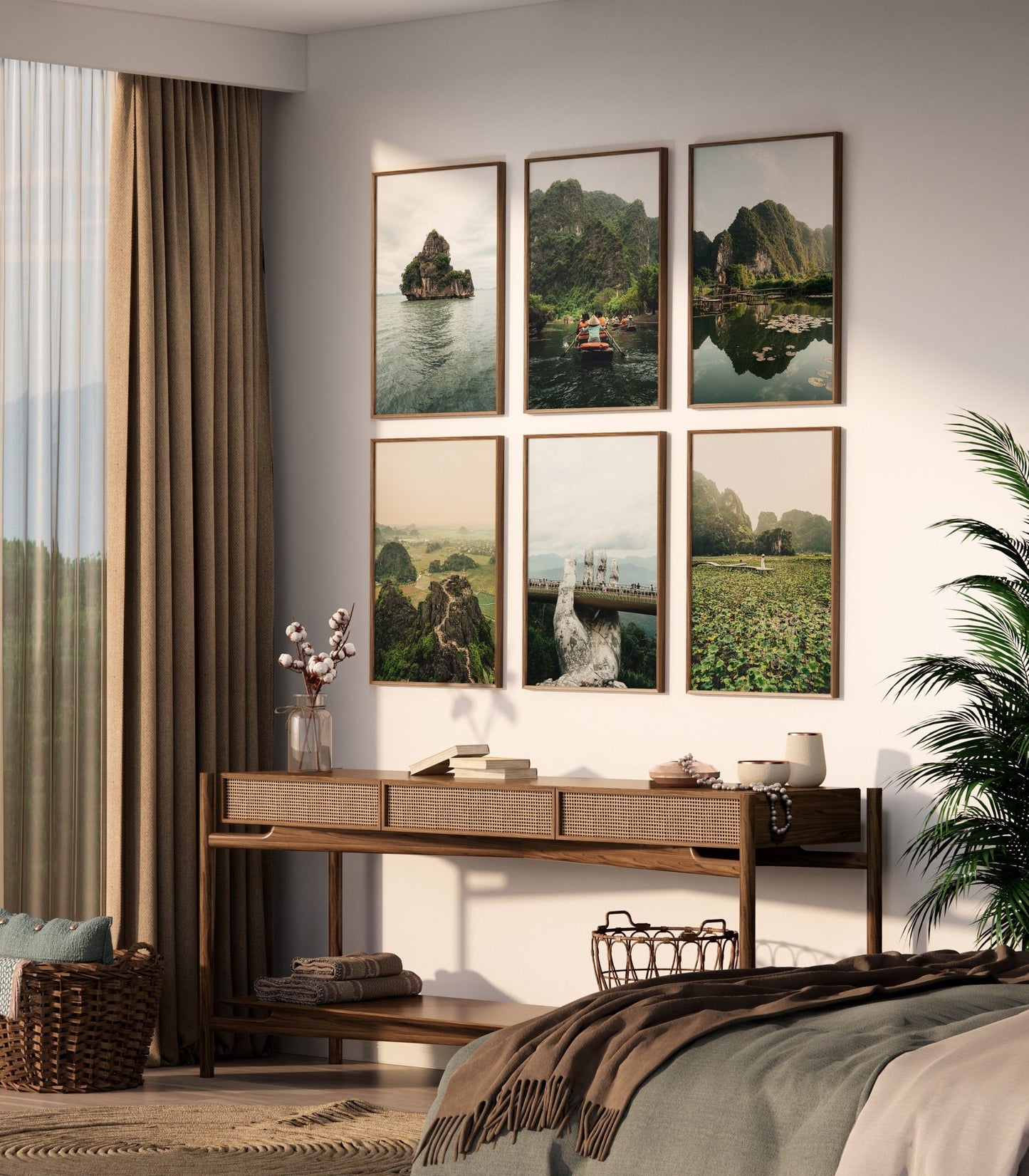 The bedroom displays Vietnam Nature - Set of 6 photos, a wooden console, and decor items with sunlight through sheer curtains.