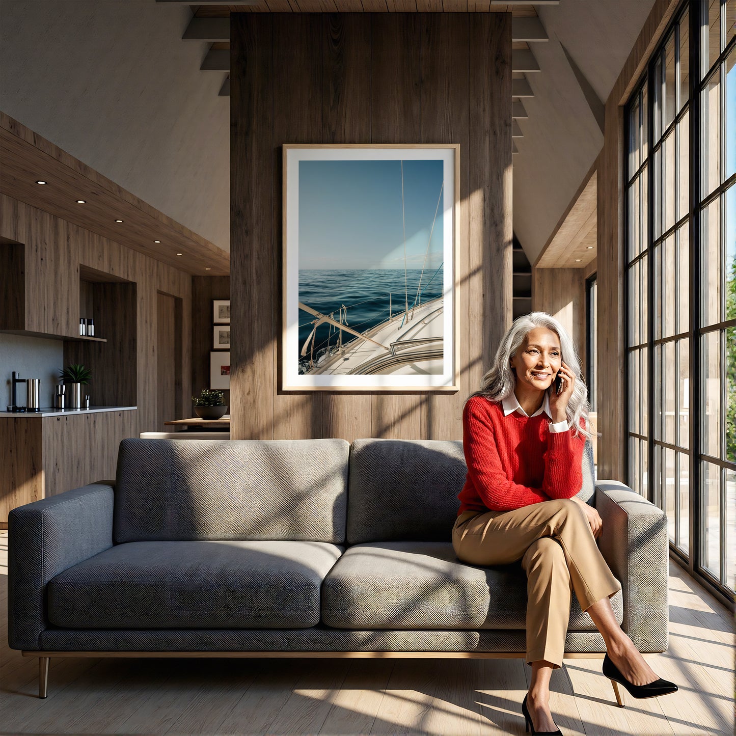 Smiling woman with gray hair sits on couch, talking on phone; Los Gigantes Sail I artwork hangs in sunlit room.