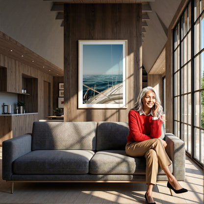 Smiling woman with gray hair sits on couch, talking on phone; Los Gigantes Sail I artwork hangs in sunlit room.