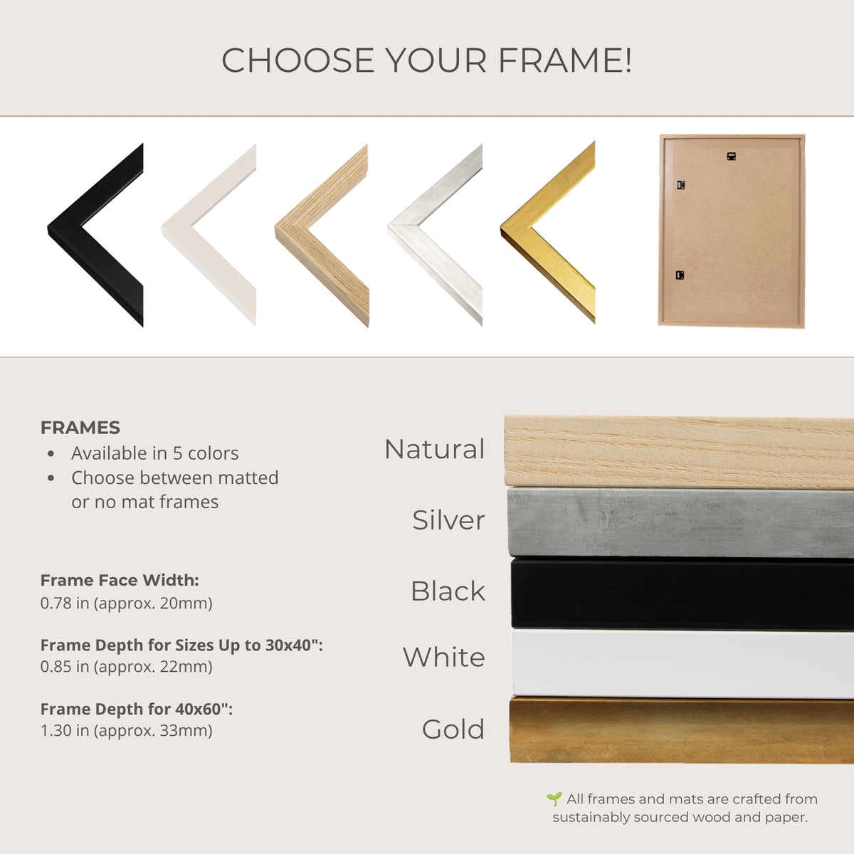 a variety of framed artworks, each with different frame colors and sizes, as well as a natural wood frame.