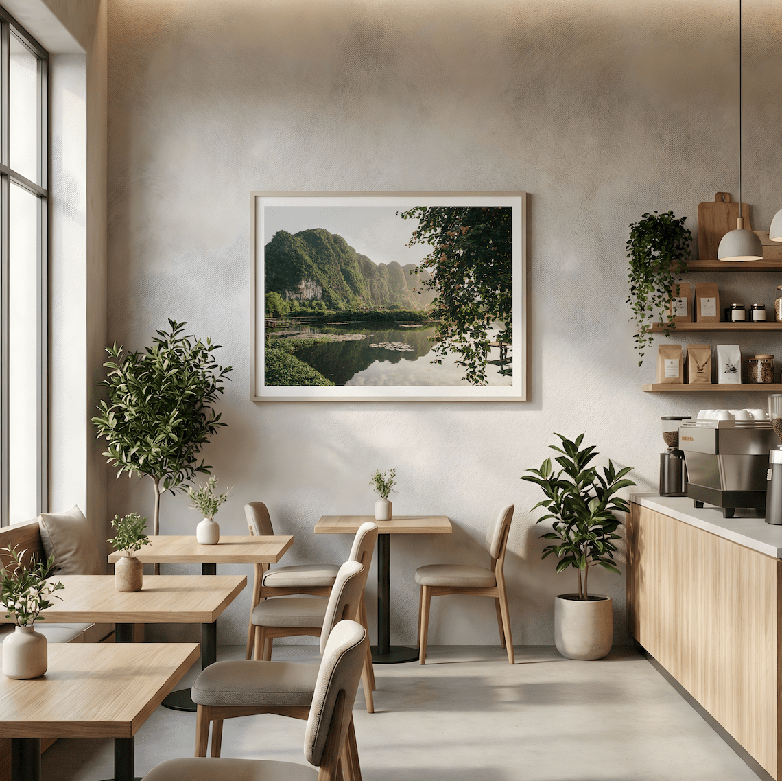 Ninh Binh Serenity: A cozy cafe with wooden tables, potted plants, and a landscape painting by the coffee counter.
