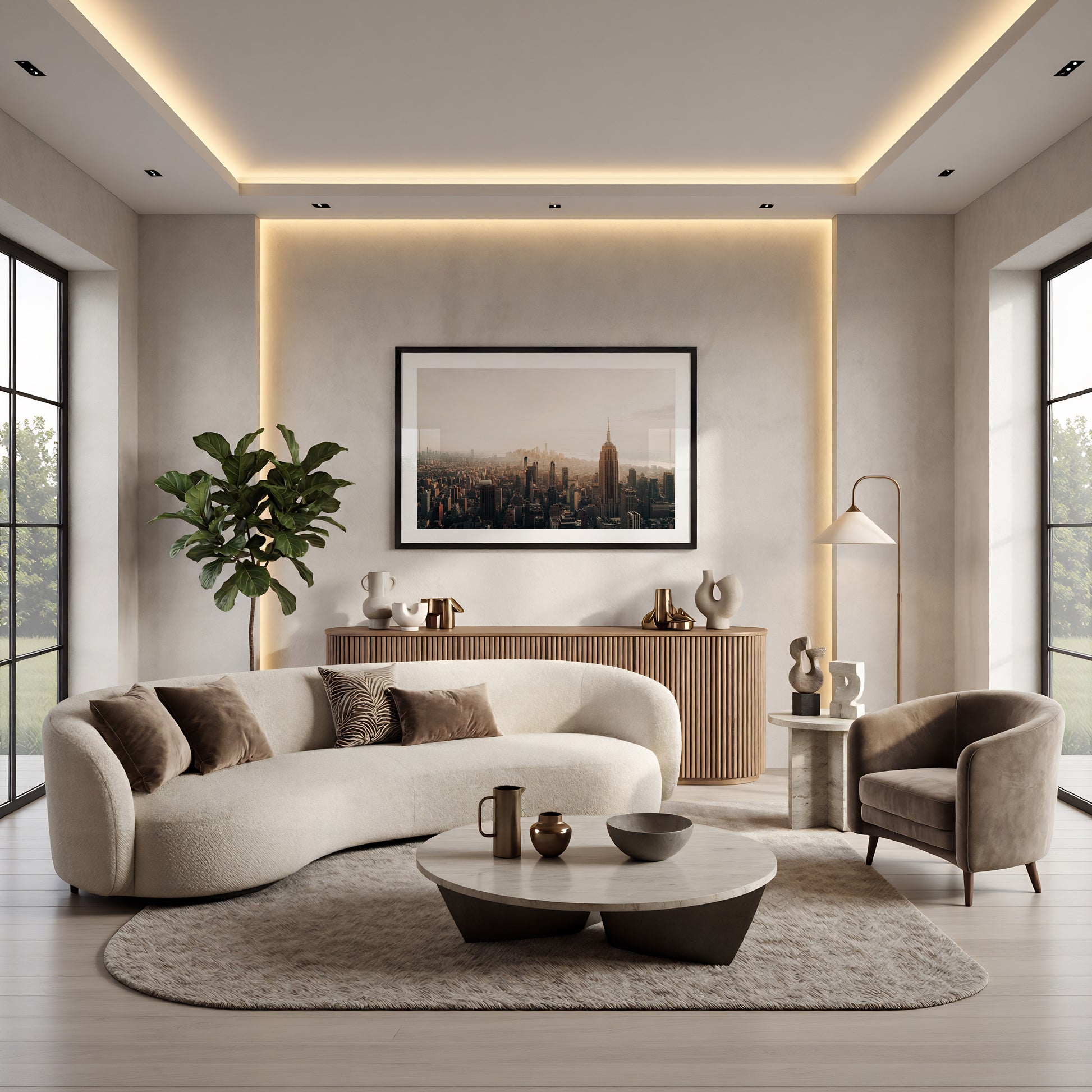 Modern living room with curved white sofa, gray armchair, coffee tables, plants, and NYC Skyline artwork on the wall.