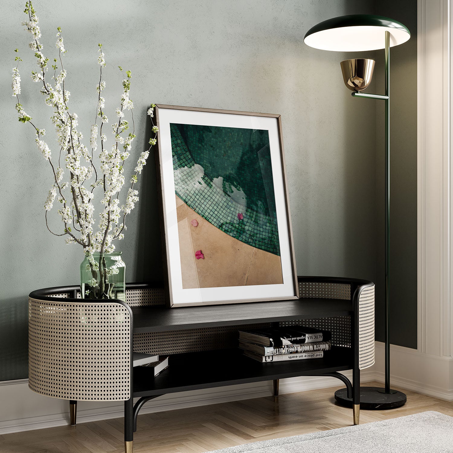 A modern entryway features the Moroccan Pool bench, a vase with flowers, framed art, and a tall floor lamp.