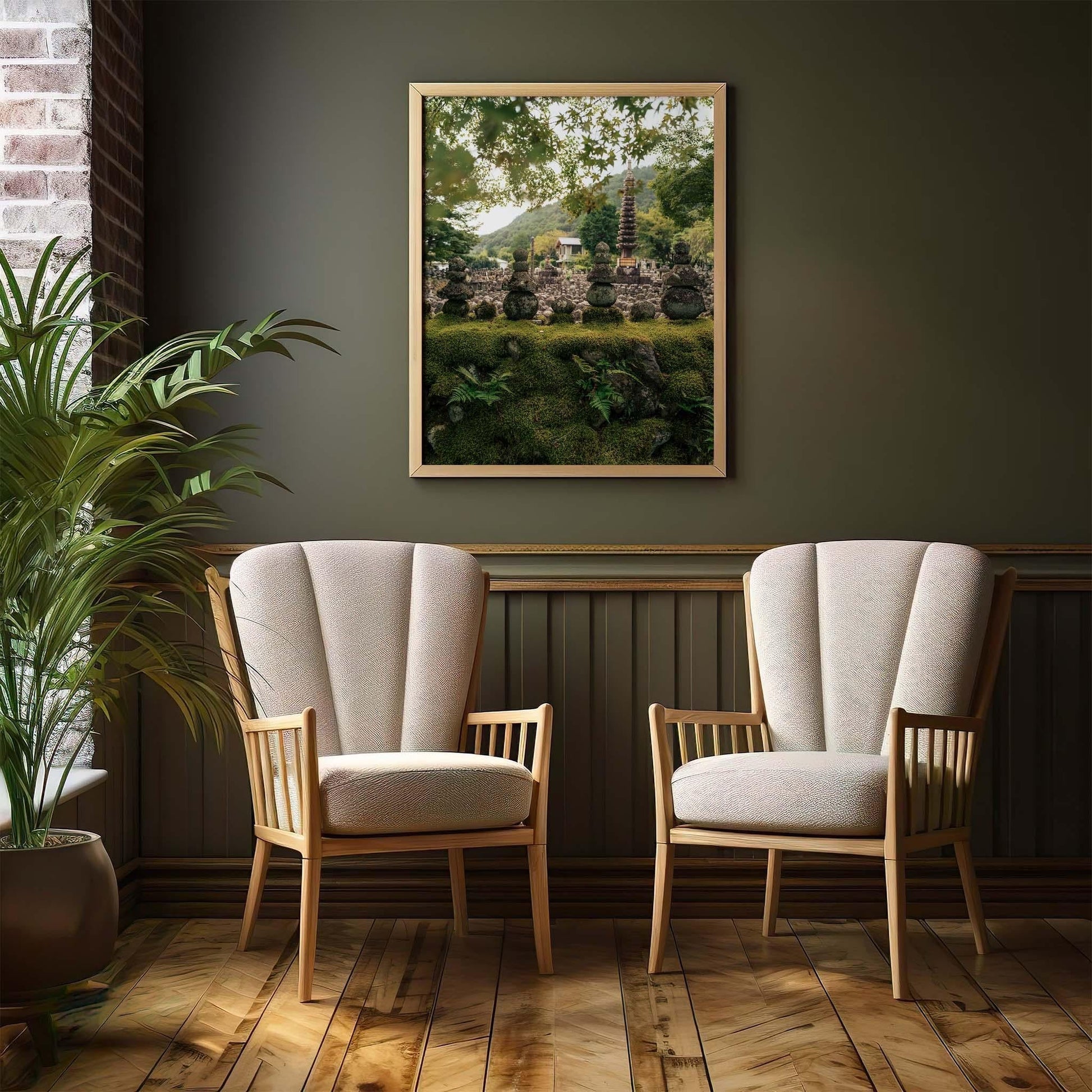 Two Adashino Nenbutsu-ji beige chairs in a cozy room with green walls and a framed nature photo.