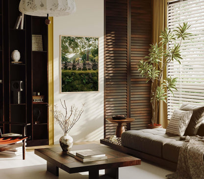 Cozy living room with Adashino Nenbutsu-ji wooden decor, an indoor plant, and large window blinds letting in natural light.