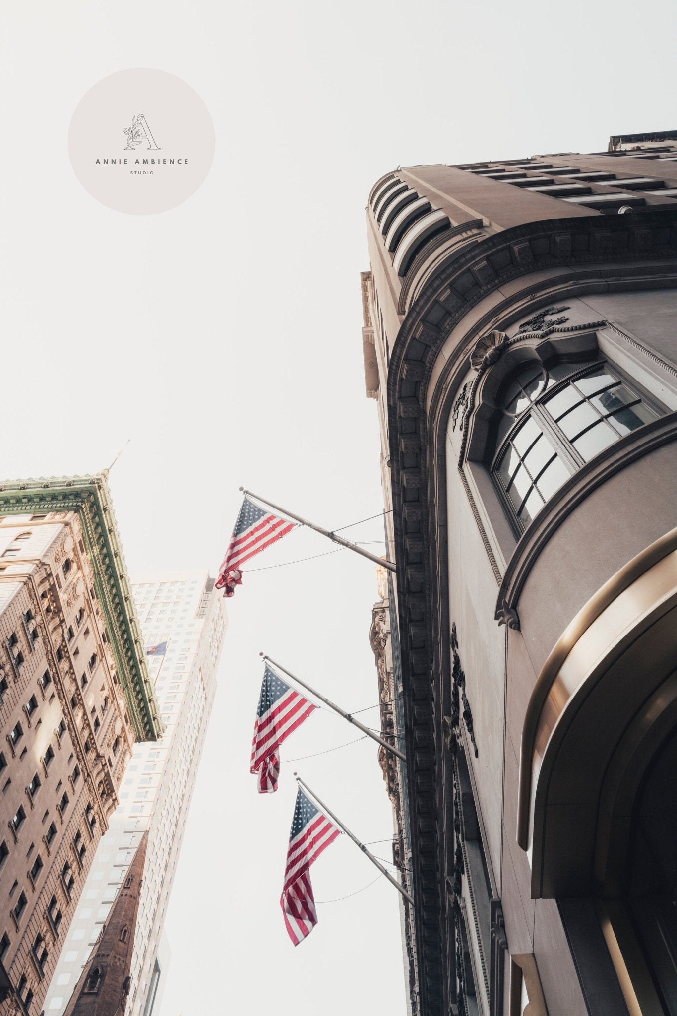 Low-angle shot of buildings and U.S. flags under clear skies featuring the American Pride logo in the corner.