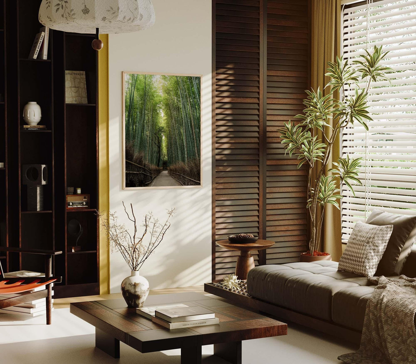 A cozy living room features a sofa, a wooden coffee table, the Arashiyama Bamboo Grove artwork, and a large potted plant by the window.