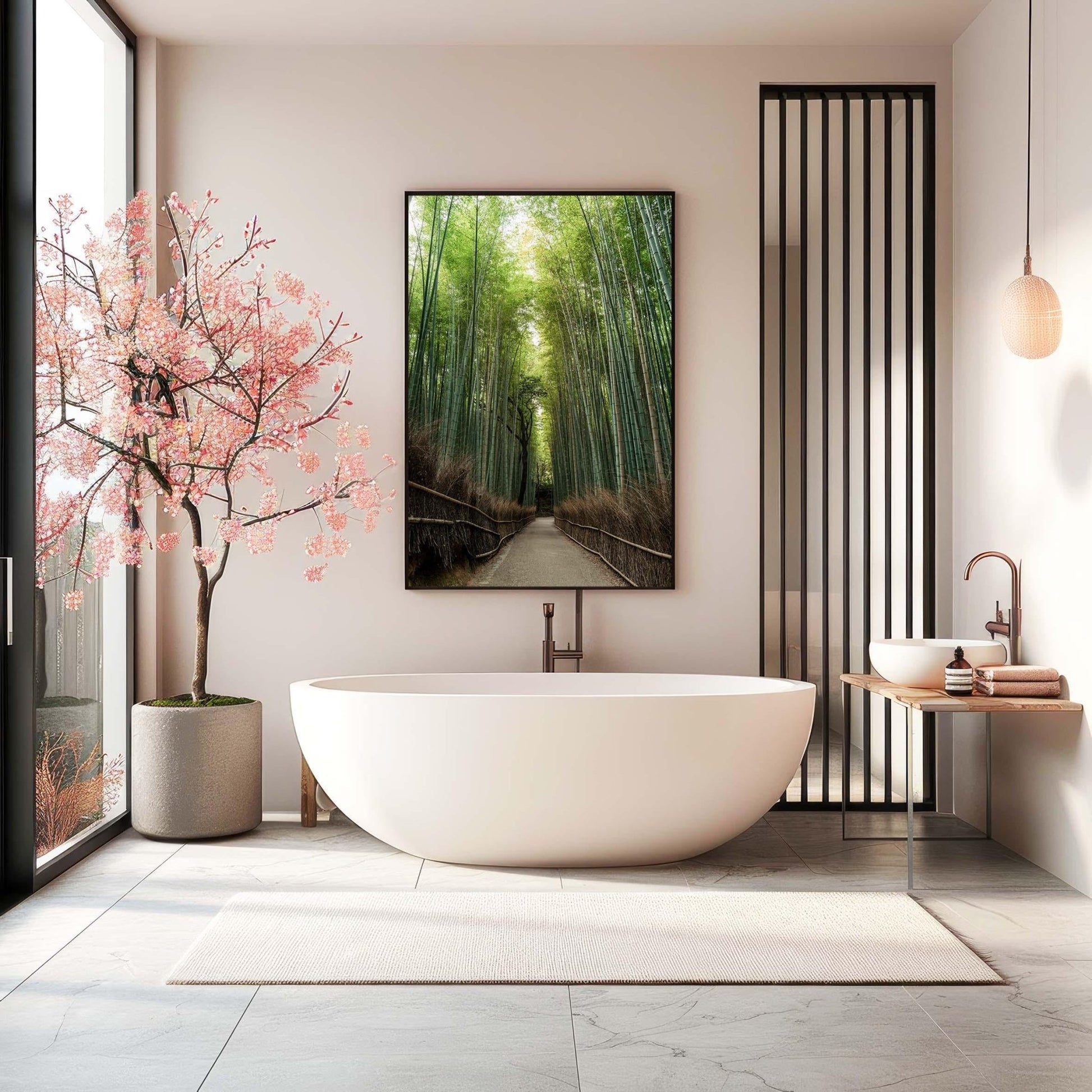 Modern bathroom featuring an oval bathtub, Arashiyama Bamboo Grove artwork, and a cherry blossom plant. Neutral tones and an airy feel create a serene atmosphere.