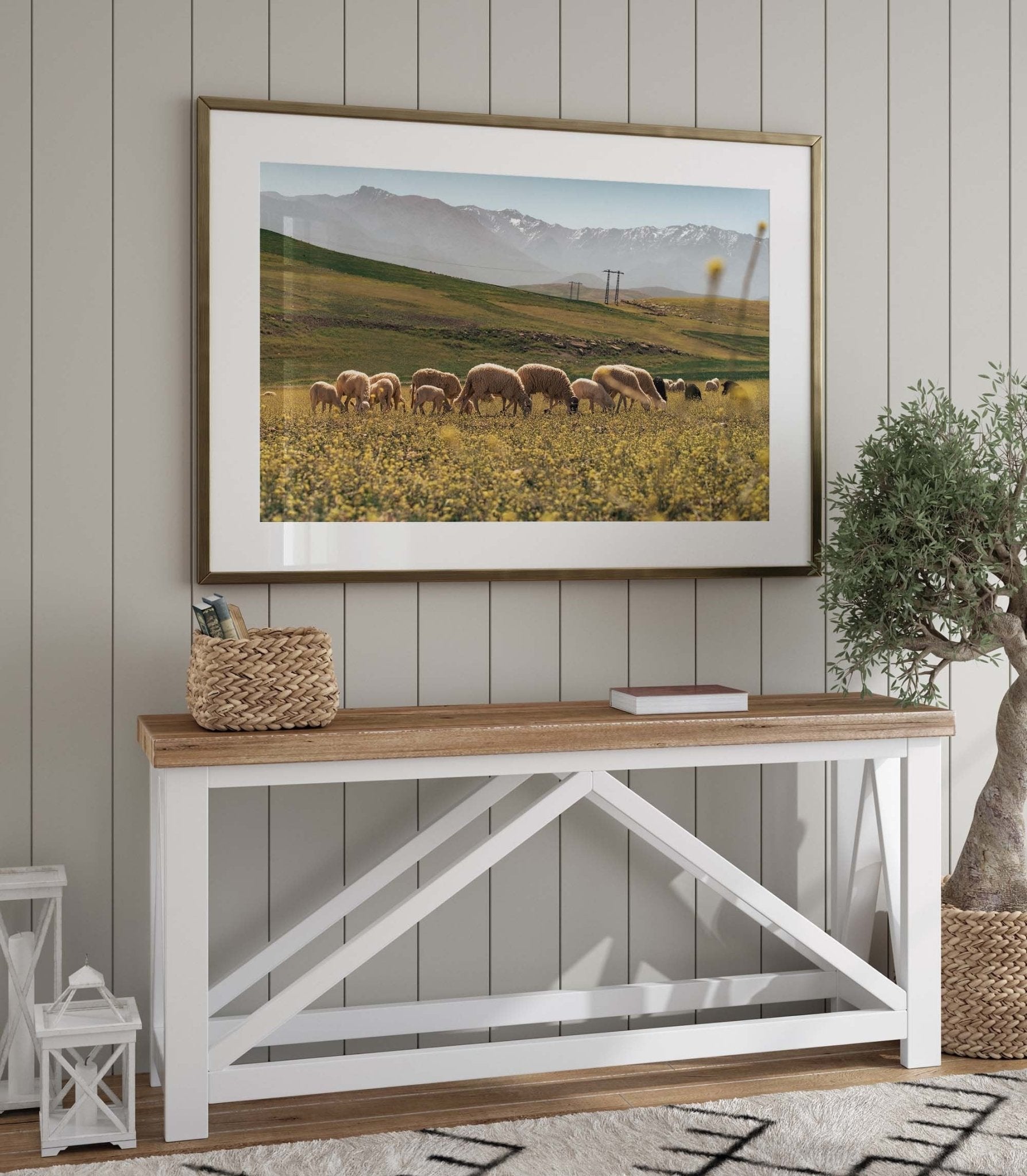 Atlas Mountains I framed photo above a white console table with wood top and a small potted plant.