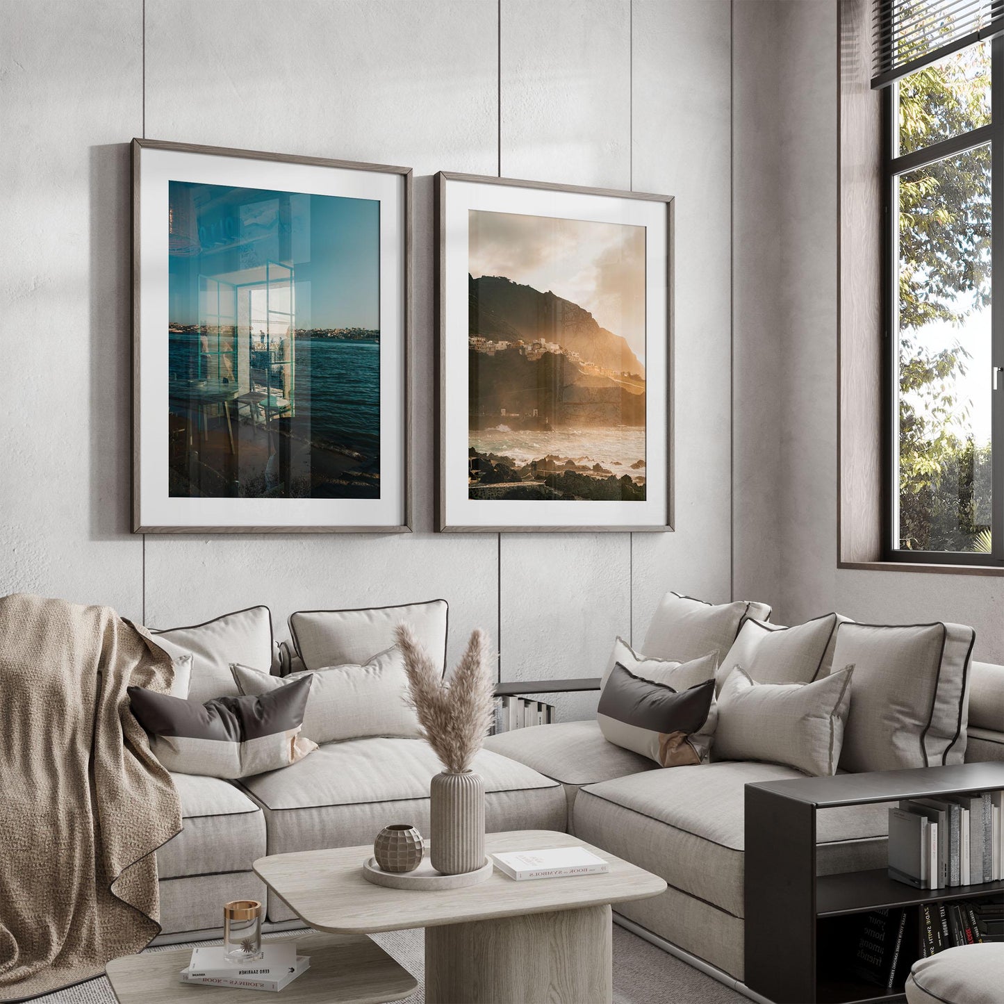 Modern living room with neutral tones, a sectional sofa, and Atmospheric Coasts - Set of 2 framed landscapes above.