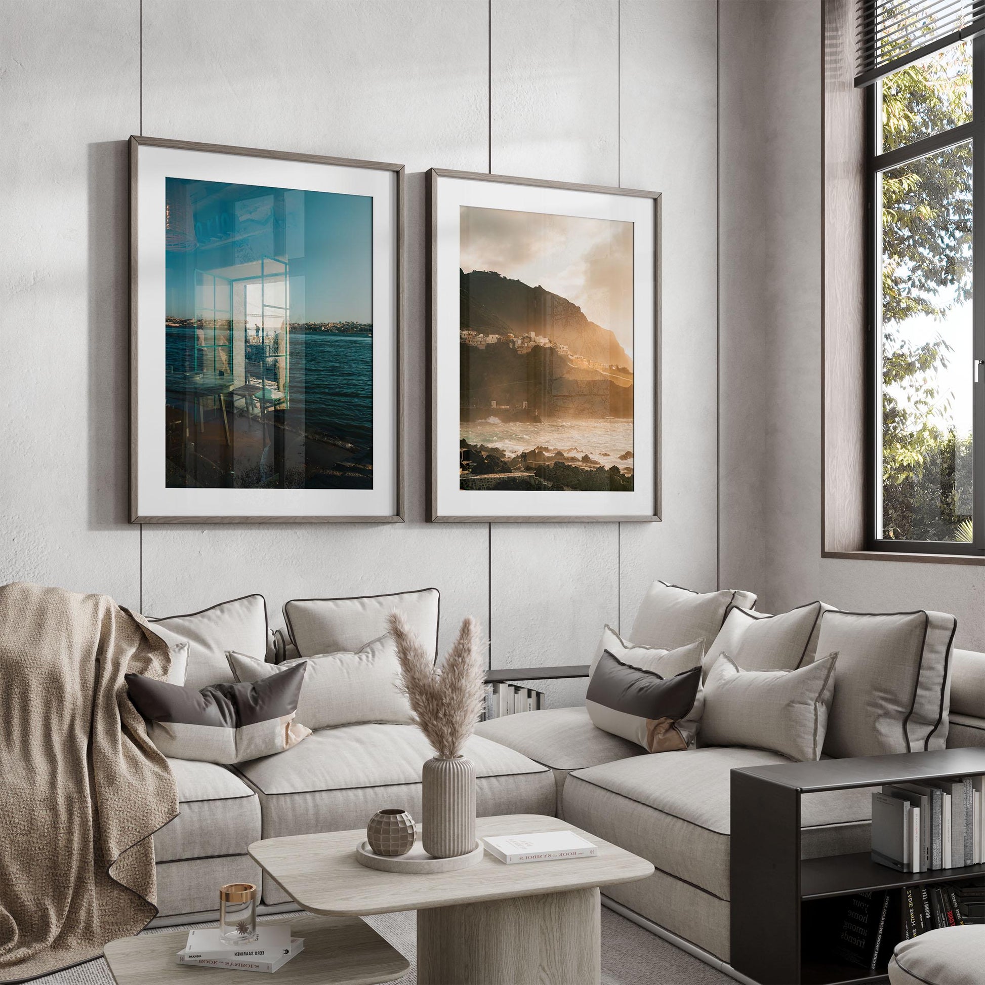 Modern living room with neutral tones, a sectional sofa, and Atmospheric Coasts - Set of 2 framed landscapes above.