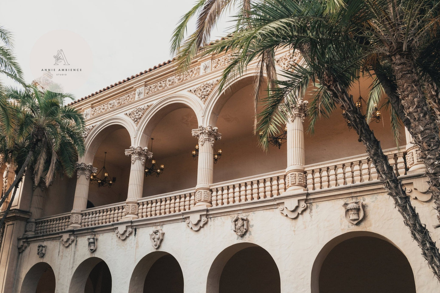 Balboa Architecture II: Ornate structure with arched balconies and detailed columns, surrounded by palm trees under clouds.