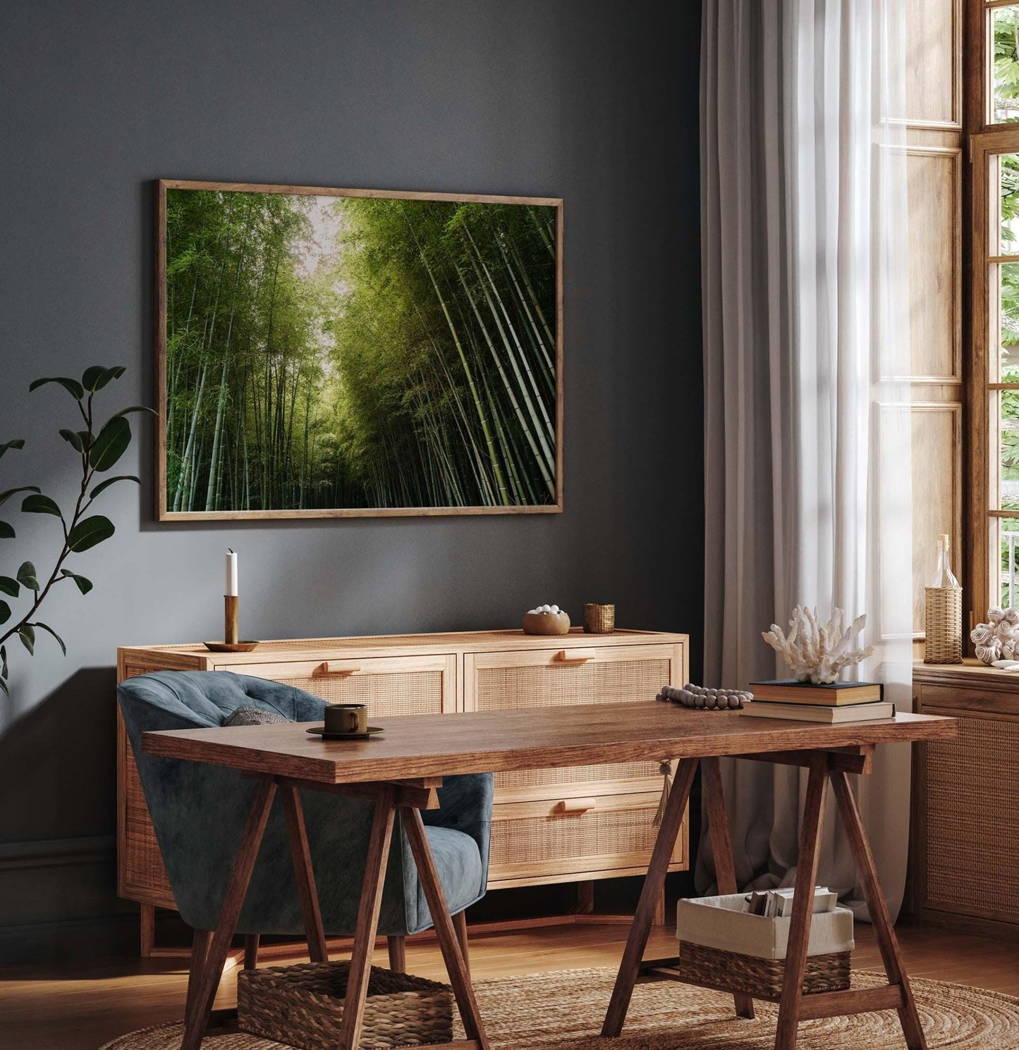 Stylish living room featuring a wooden desk, a blue velvet chair, and the Bamboo Forest I photography print of Arashiyama Bamboo Grove on the wall.