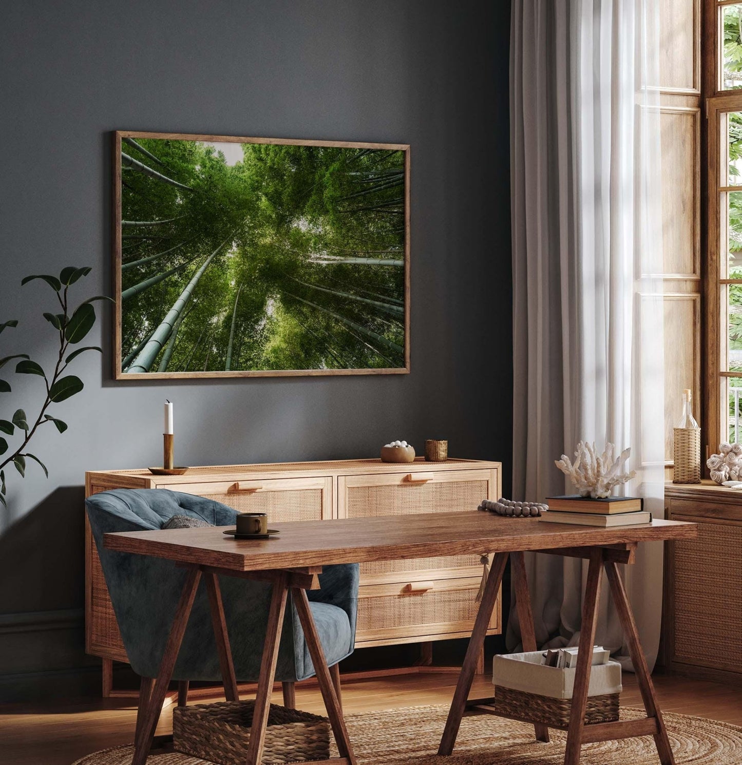 A cozy room featuring wooden furniture, Bamboo Forest II framed photo, and soft lighting through sheer curtains on a large window.