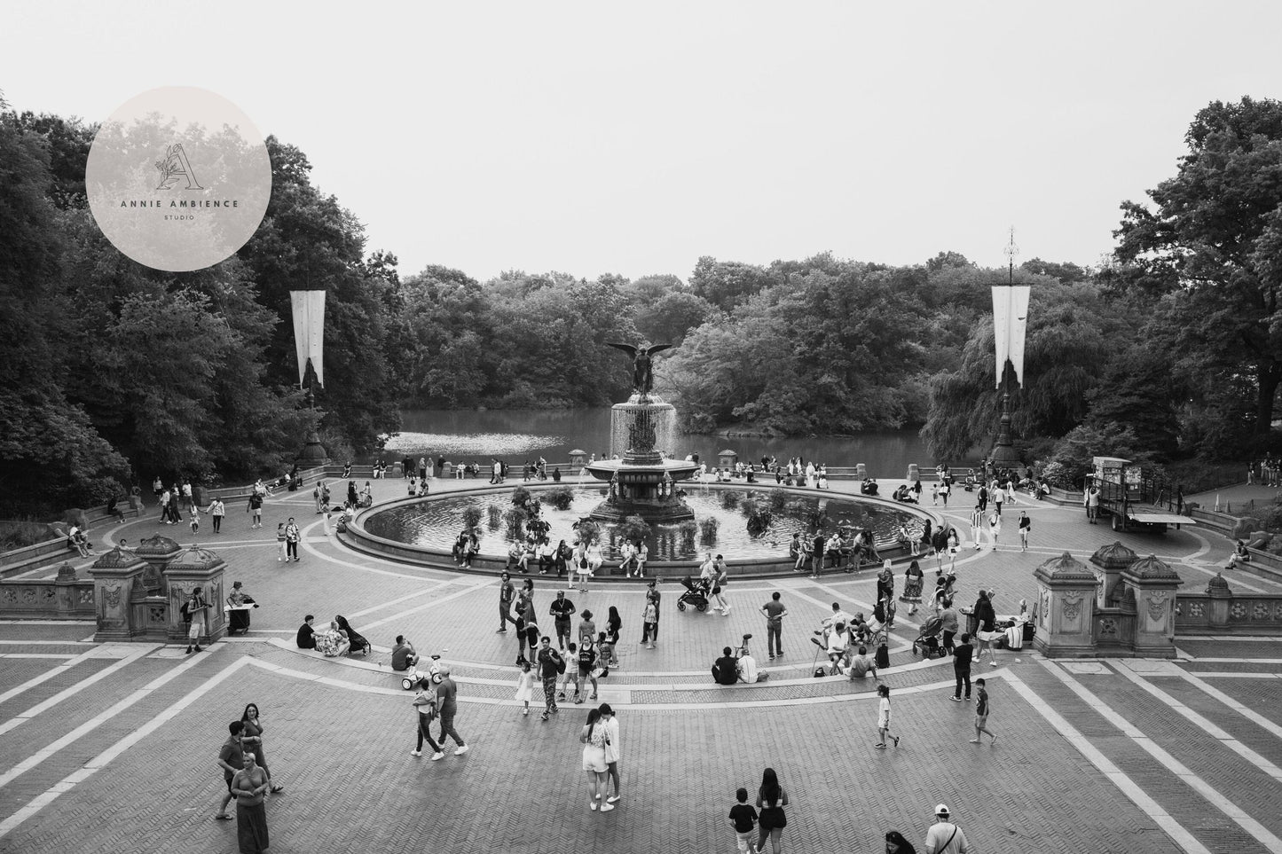 Black and white photo of Bethesda Fountain bustling with people and trees.