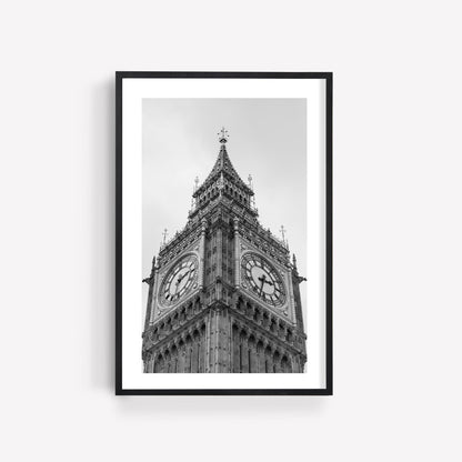 Big Ben Black and White photo in a black frame on light gray background.