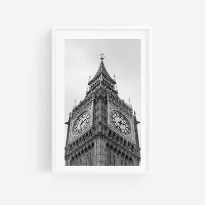 Big Ben clock tower framed photo, black and white, on a white wall.