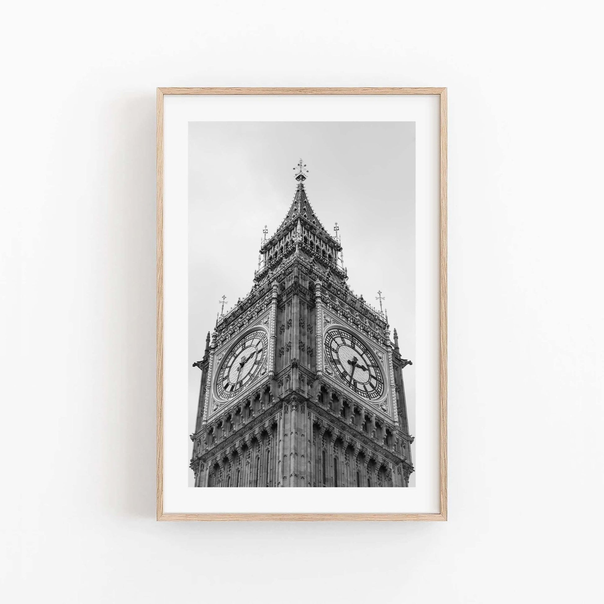 Framed photo titled Big Ben Black and White of the clock tower under a cloudy sky.