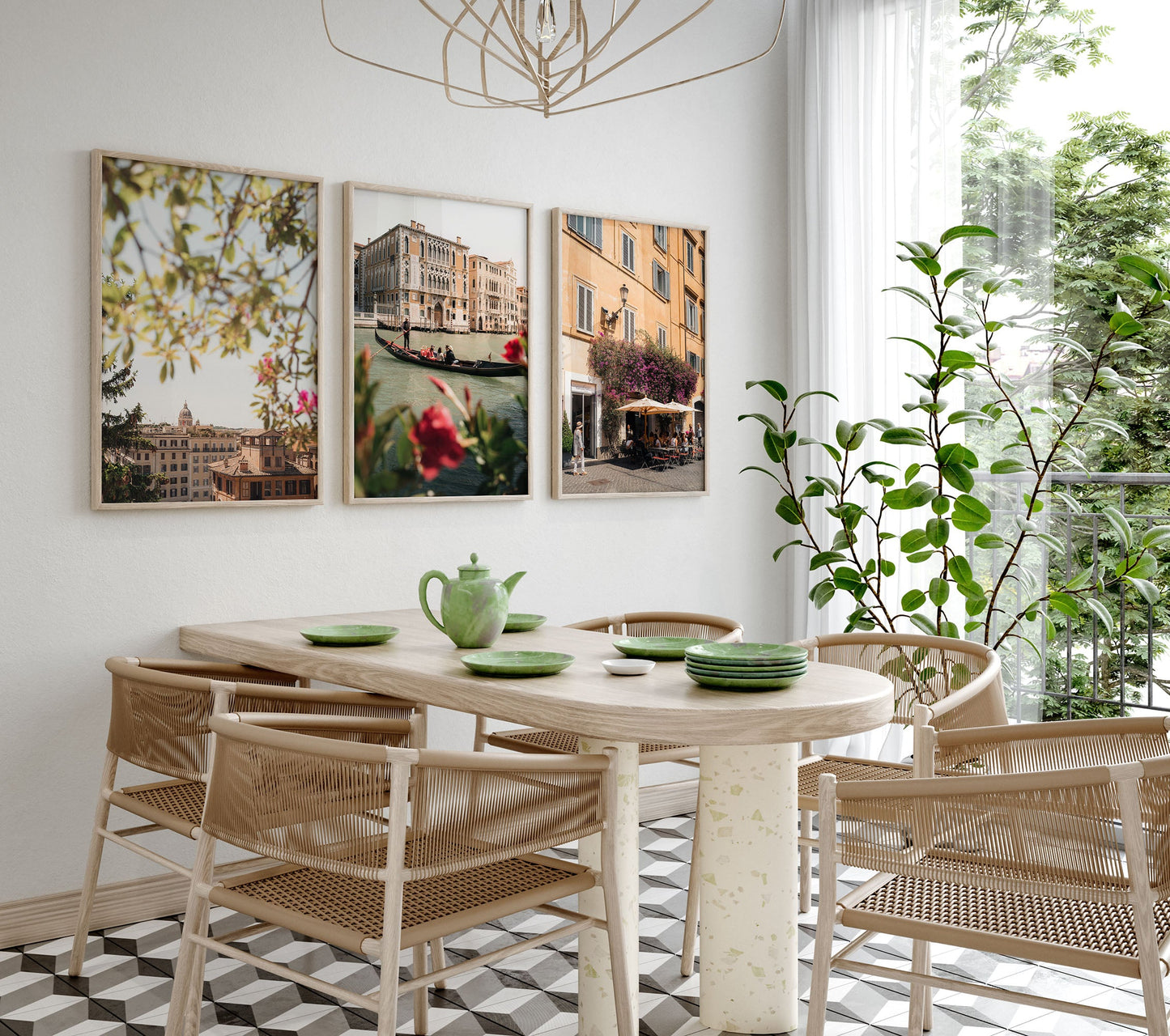 Modern dining room with a wooden table, four chairs, and Bright Day in Italy - Set of 3 wall art by a window.