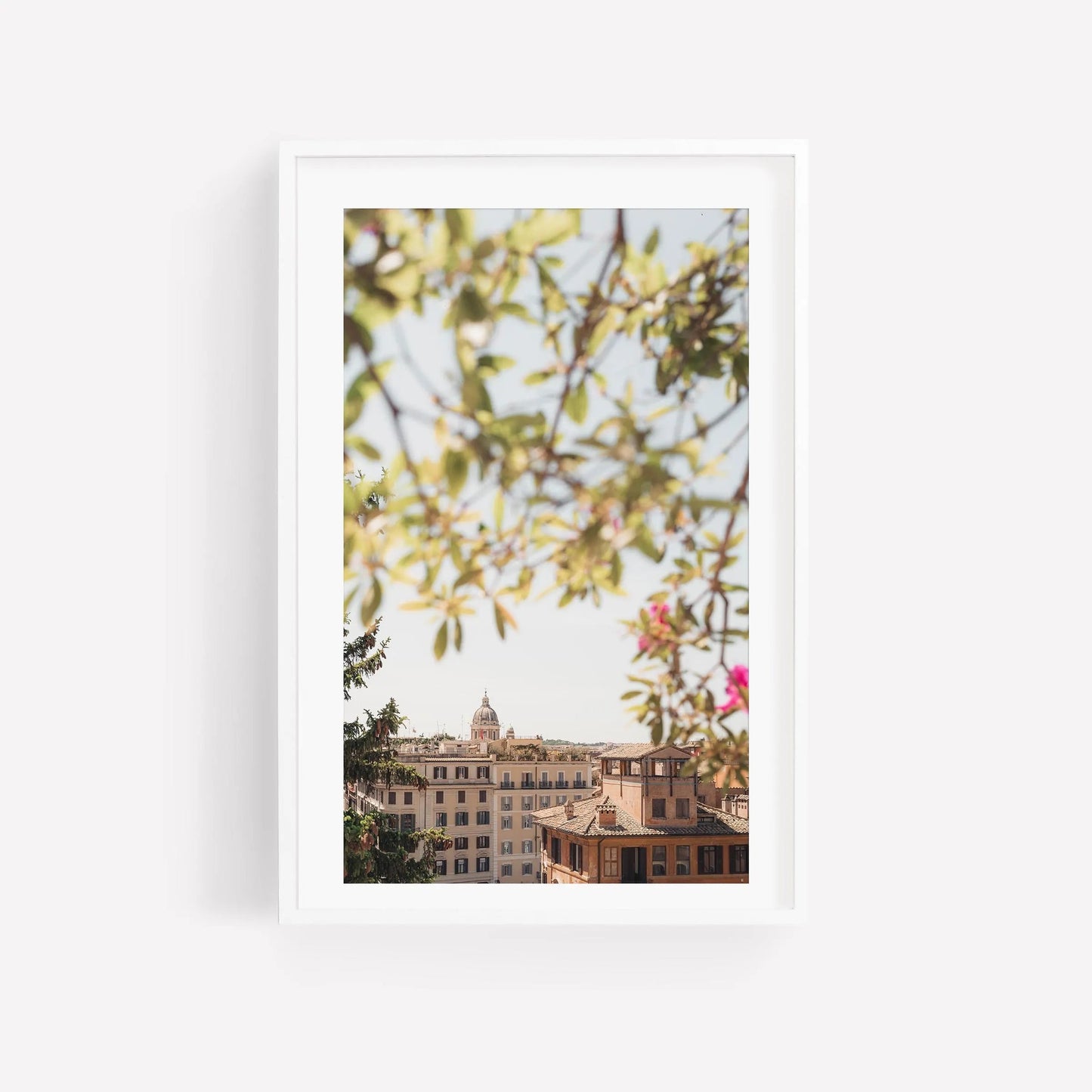 Set of 3 framed photos: cityscapes with leafy branches and historic Italian buildings, Bright Day in Italy.