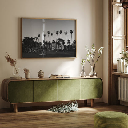 A cozy living room with a green cabinet, the California Evening Black and White photo, plants, and sunlit window.