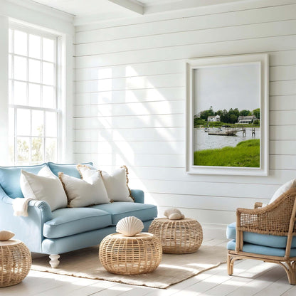 Cape Cod Massachusetts Coastal Photography Print, Chatham Boat Wall Art, New England Summer Scenic Print, Calm Coastal House, Harbor Dock