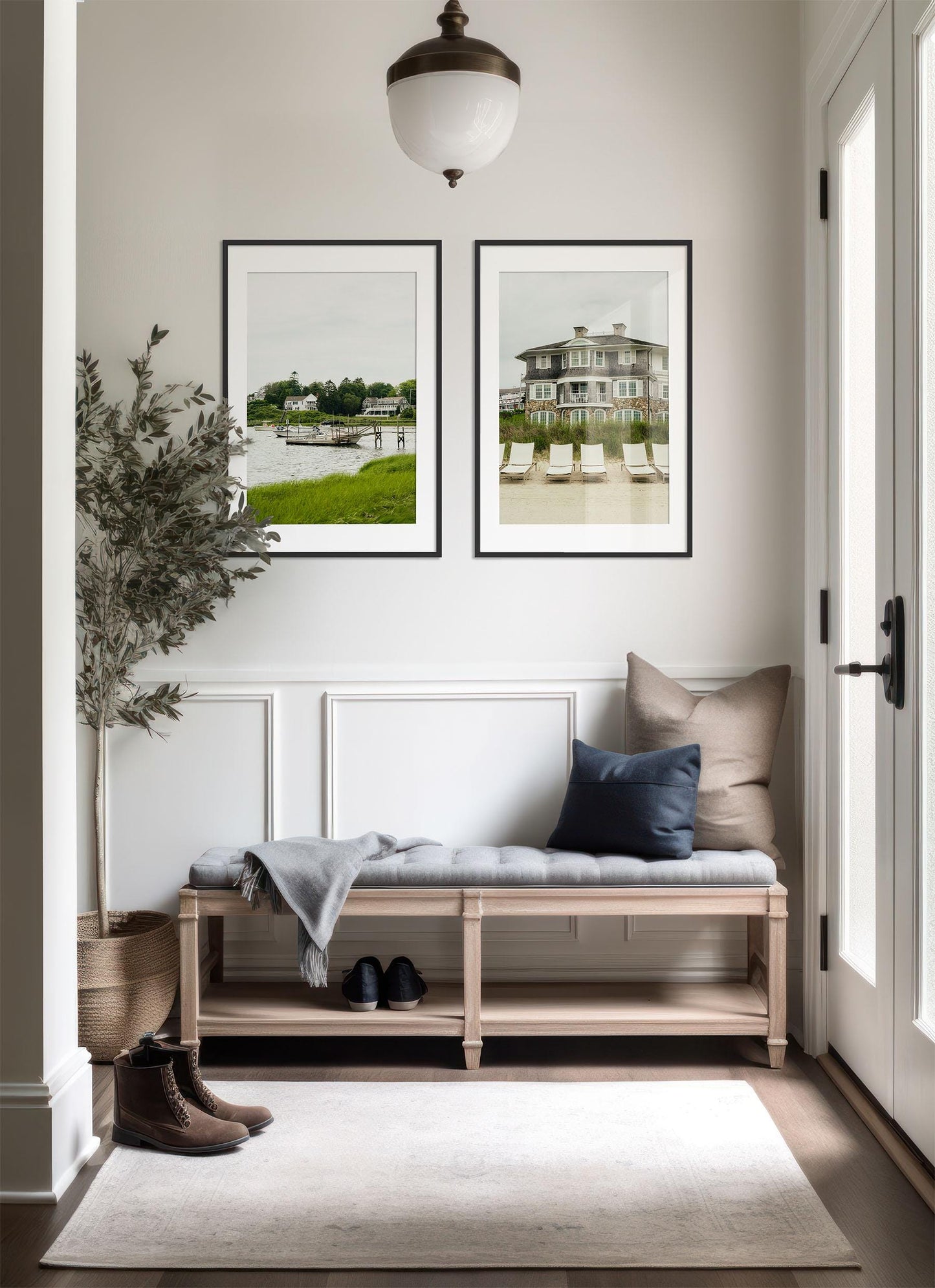 A bright entryway with the Cape Cod - Set of 2 bench, pillows, a gray blanket, boots, shoes, a plant, and framed art.