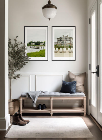 A bright entryway with the Cape Cod - Set of 2 bench, pillows, a gray blanket, boots, shoes, a plant, and framed art.