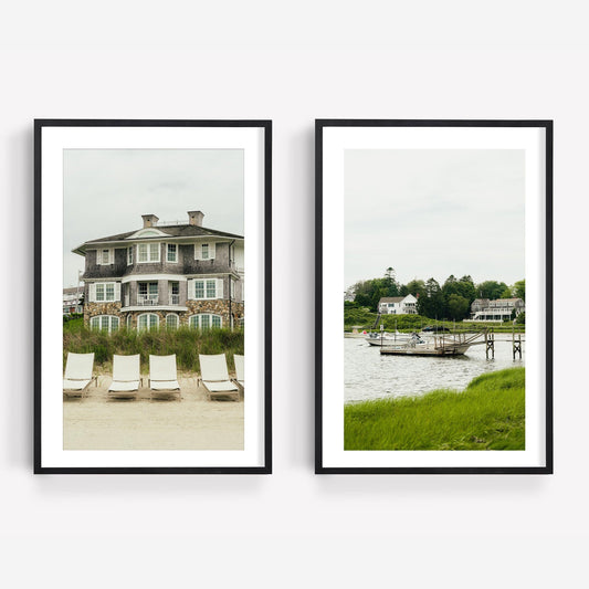 Cape Cod - Set of 2: framed photos, one beach house with lounge chairs, one houses by dock and grassy shore.