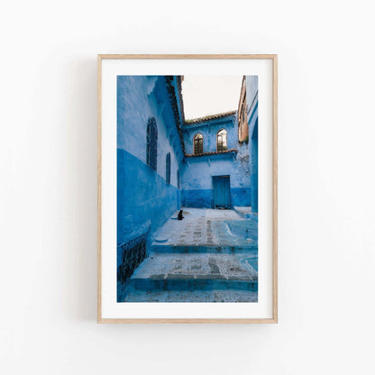 Framed photo of the Chefchaouen Cat in a blue alleyway, with a cat on the steps against a white wall.