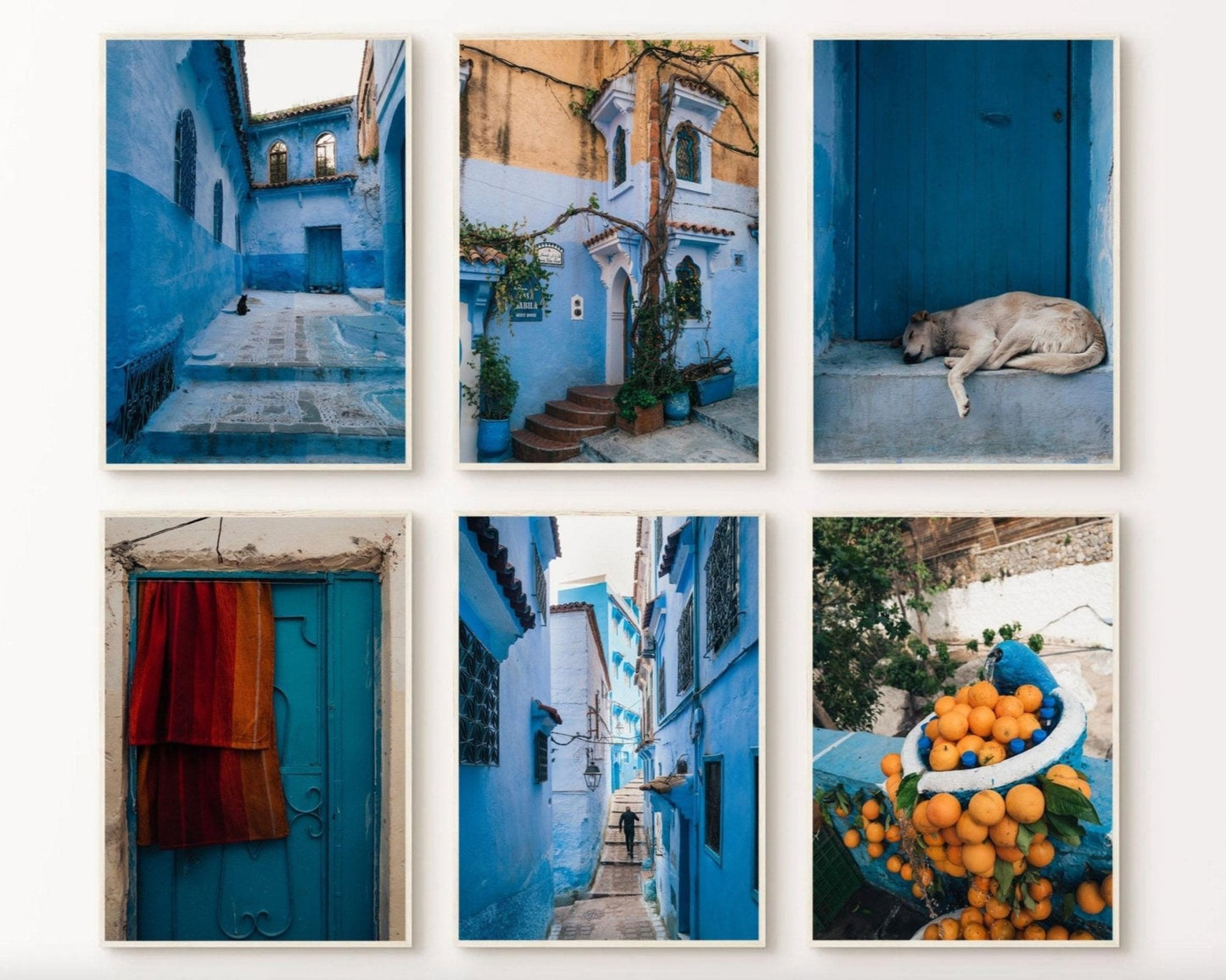 Chefchaouen - Set of 6: Images of blue Moroccan streets, a dog, a fabric door, and oranges in a basket.