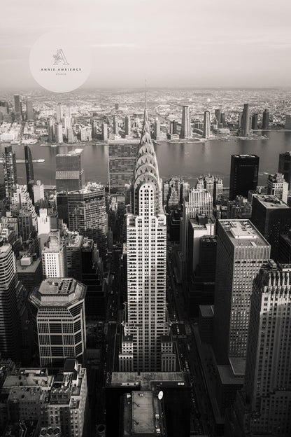 Aerial view of Chrysler Building Black and White with NYC skyline and river.